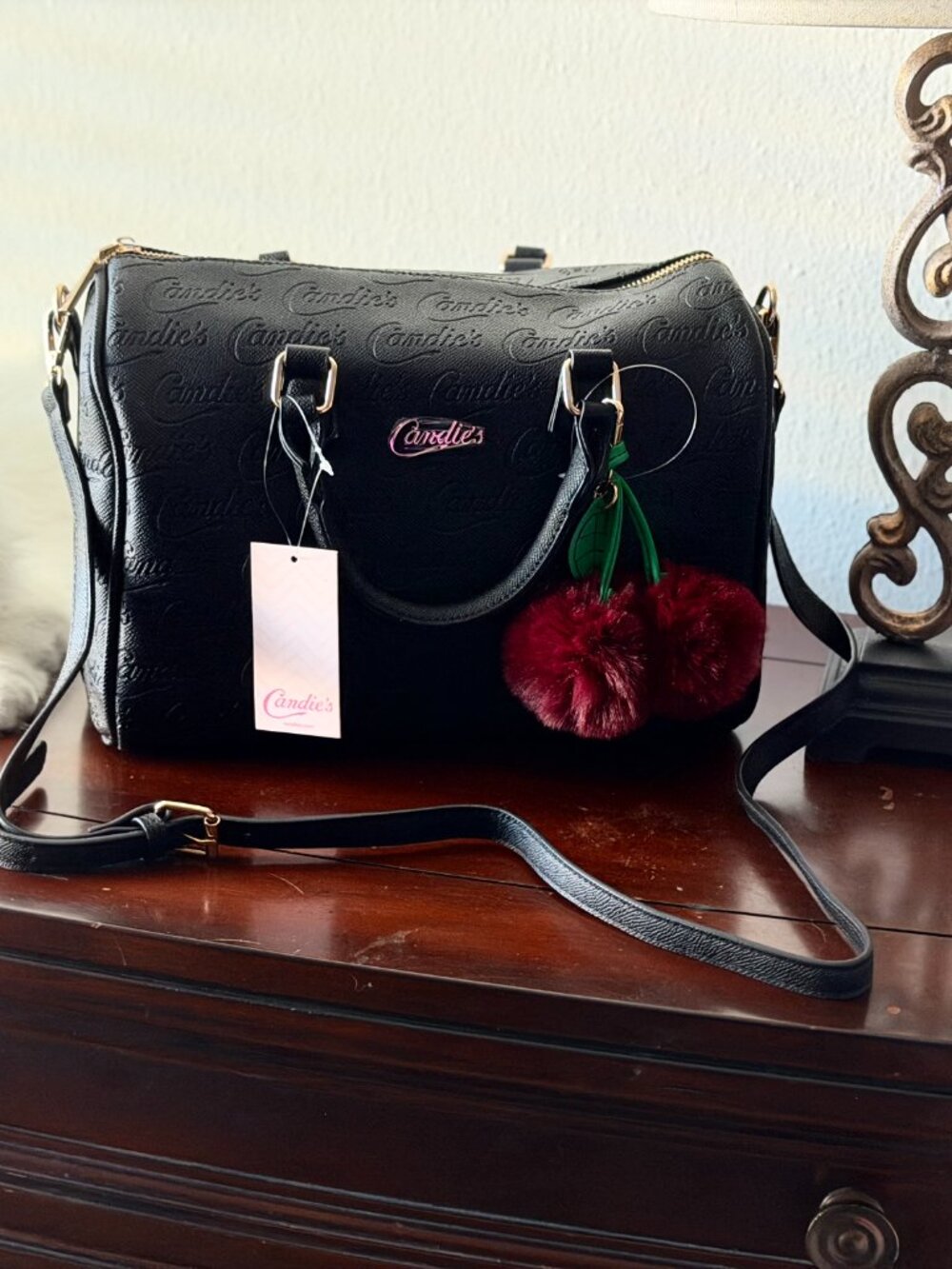 Candie's Ava Speedy Black Embossed Logo Satchel Cherry Charm NWT